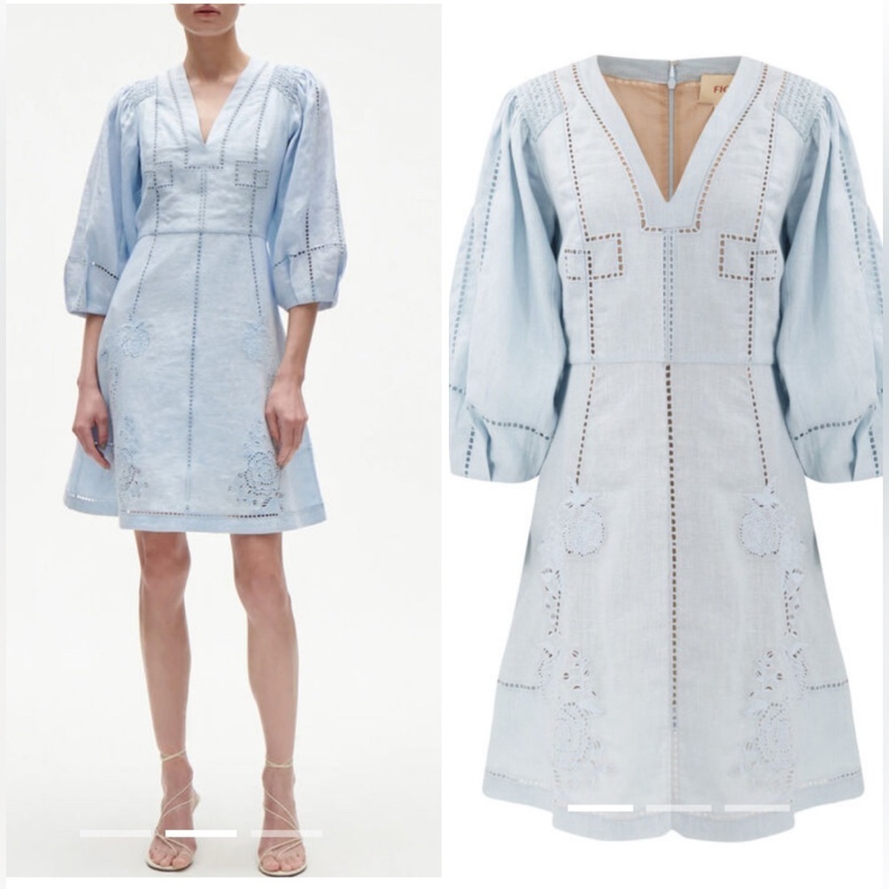 Figue Verna Linen embroidered dress soft blue NWT